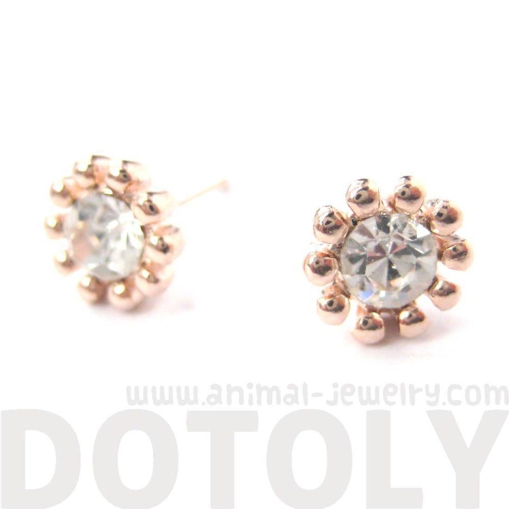 Small Floral Flower Shaped Stud Earrings in Rose Gold with Rhinestones