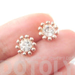 Small Floral Flower Shaped Stud Earrings in Rose Gold with Rhinestones