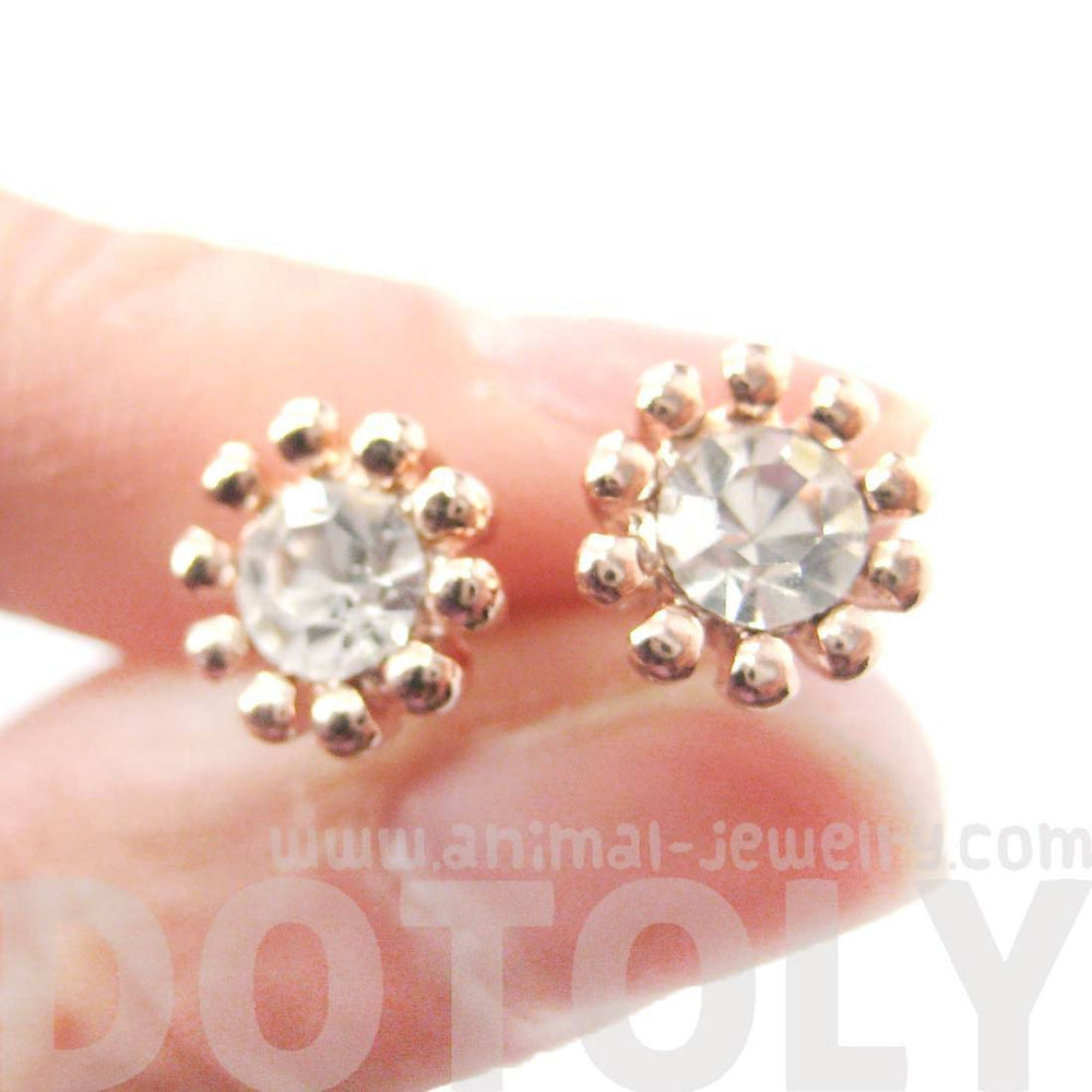Small Floral Flower Shaped Stud Earrings in Rose Gold with Rhinestones