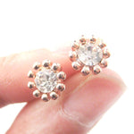 Small Floral Flower Shaped Stud Earrings in Rose Gold with Rhinestones