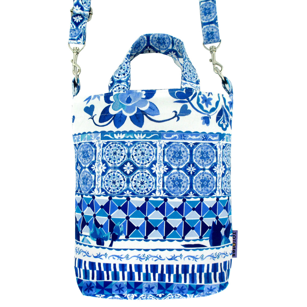 Blue Mosaic Floral Print Pattern Crossbody Duck Top Handle Tote Bag