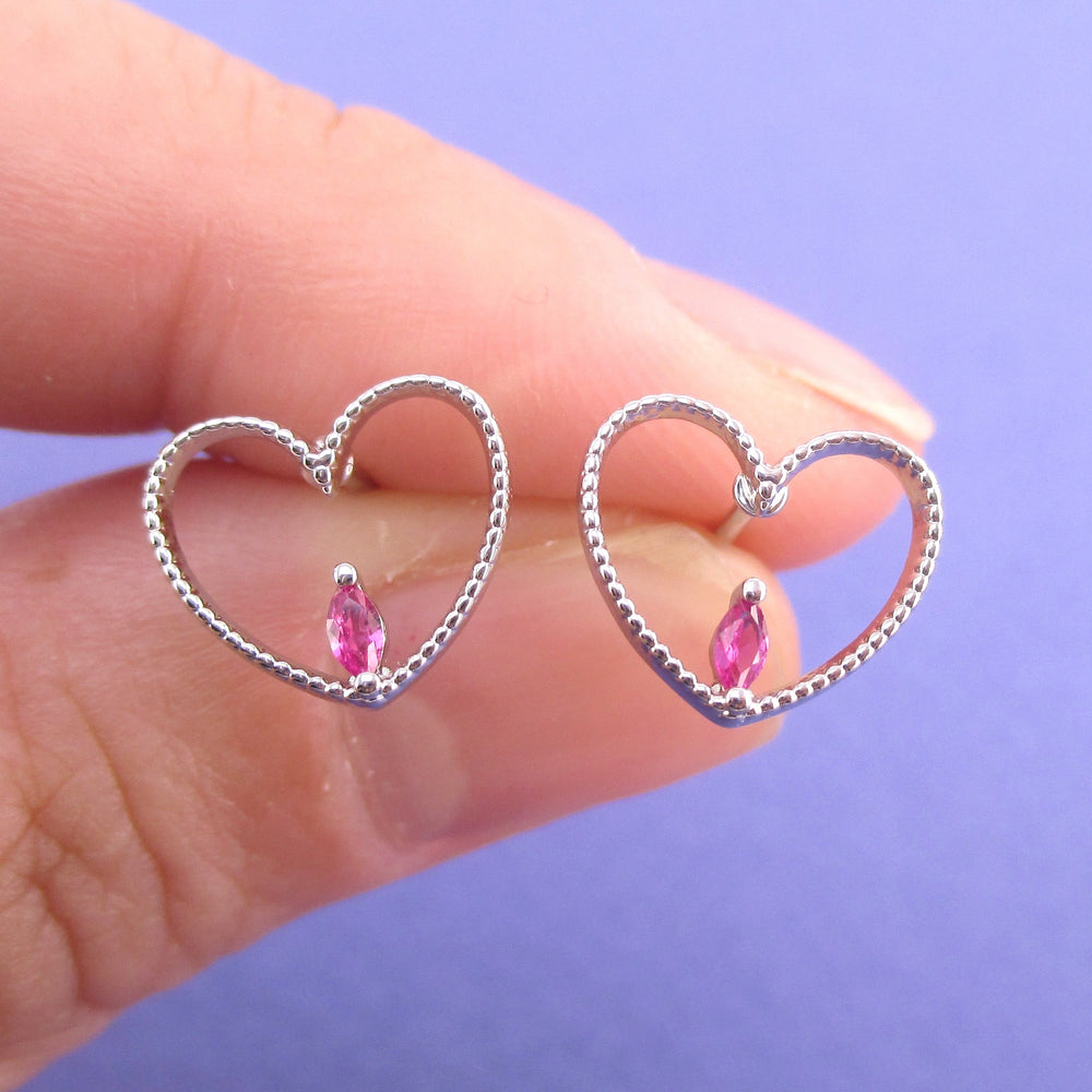 Small Heart Shaped Outline Stud Earrings with Pink Teardrop Rhinestone