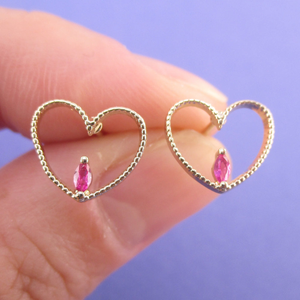 Small Heart Shaped Outline Stud Earrings with Pink Teardrop Rhinestone