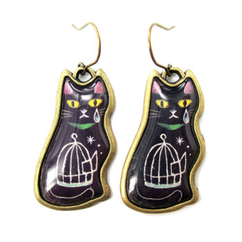 Pretty Illustrated Kitty Cat Birdcage Animal Dangle Earrings in Black