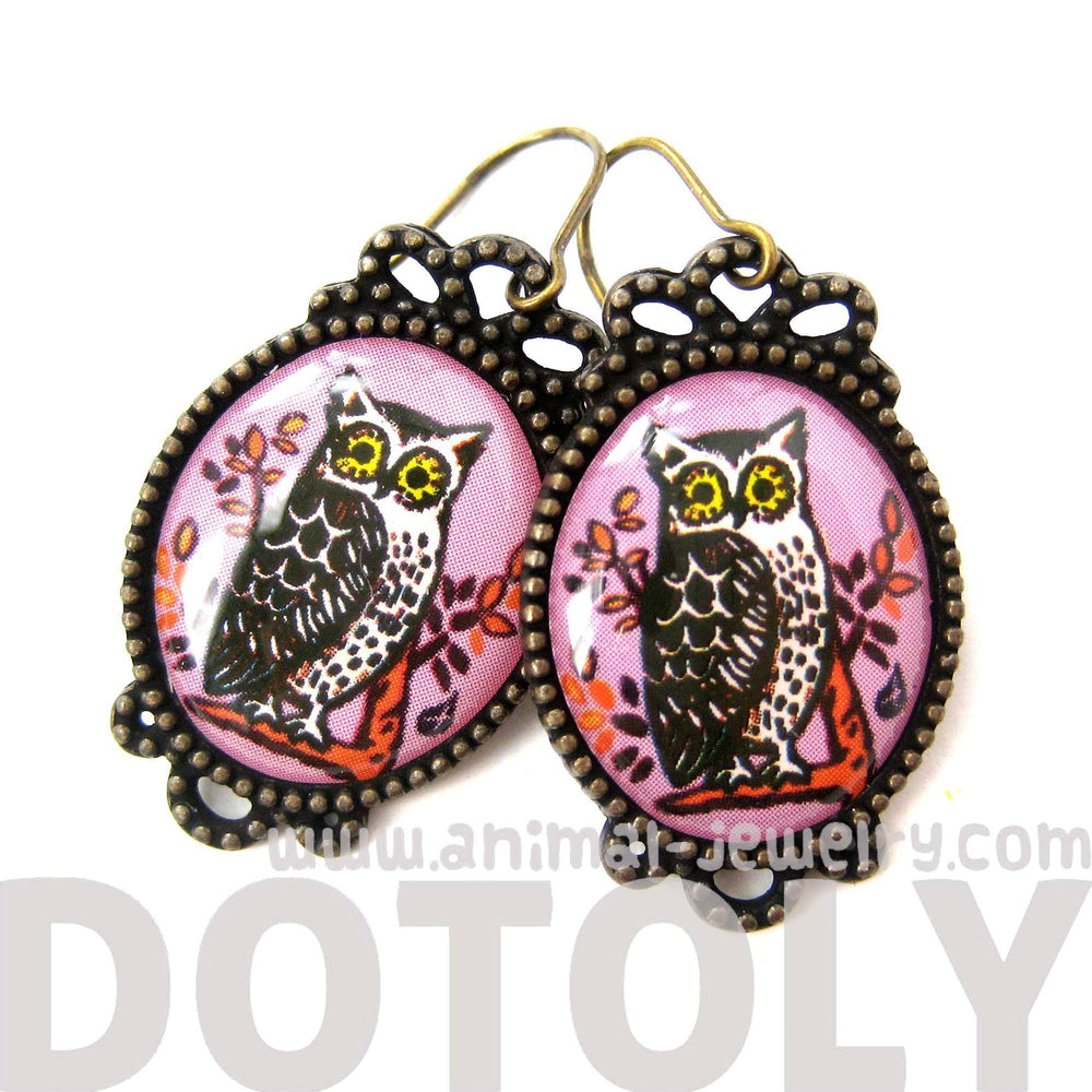 Pretty Oval Owl Bird Illustrated Resin Dangle Earrings | Animal Jewelry | DOTOLY