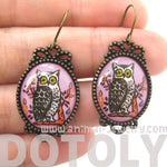 Pretty Oval Owl Bird Illustrated Resin Dangle Earrings | Animal Jewelry | DOTOLY