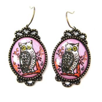 Pretty Oval Owl Bird Illustrated Resin Dangle Earrings | Animal Jewelry | DOTOLY