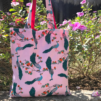 Pretty Pink Peacock All Over Print Cotton Reversible Tote Bags for Women