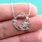 Pretty Round Rose Shaped Floral Pendant Necklace in Silver | DOTOLY