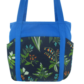 Large Utility Floral Print Blue Canvas Shoulder Tote Bag with Many Pockets