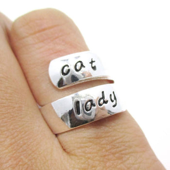 Proud Cat Lady Kitty Cat Engraved Wrap Ring in Silver | US Sizes 6 to 8 | DOTOLY
