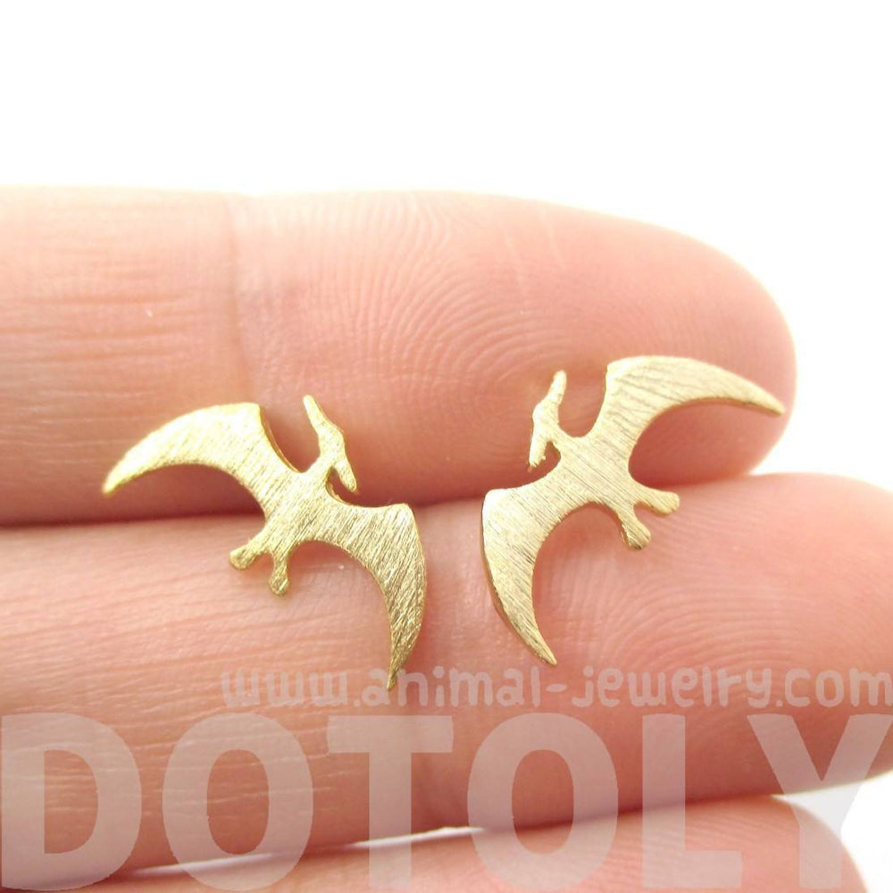 Pterodactyl Dinosaur Silhouette Prehistoric Animal Themed Stud Earrings in Gold | DOTOLY