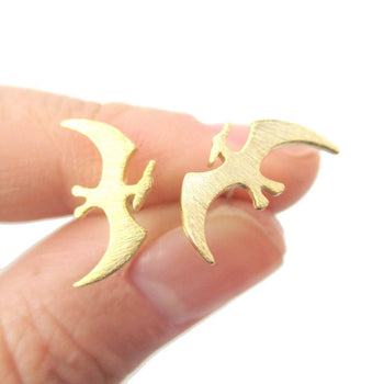 Pterodactyl Dinosaur Silhouette Prehistoric Animal Themed Stud Earrings in Gold | DOTOLY