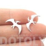 Pterodactyl Dinosaur Silhouette Prehistoric Animal Themed Stud Earrings in Silver | DOTOLY