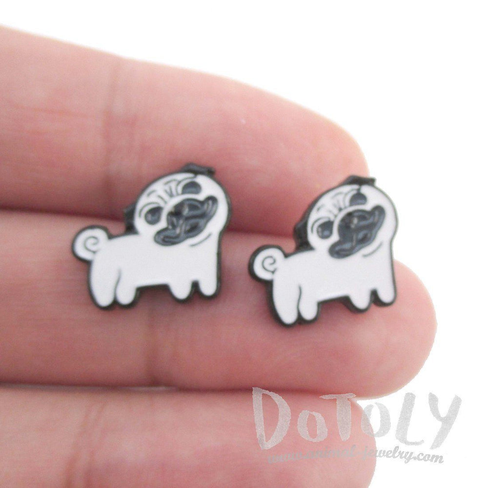 Cute Pug with Curly Tail Shaped Enamel Stud Earrings for Dog Lovers