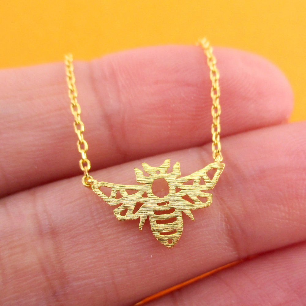 Queen Bumble Bee Outline Shaped Animal Pendant Necklace in Gold