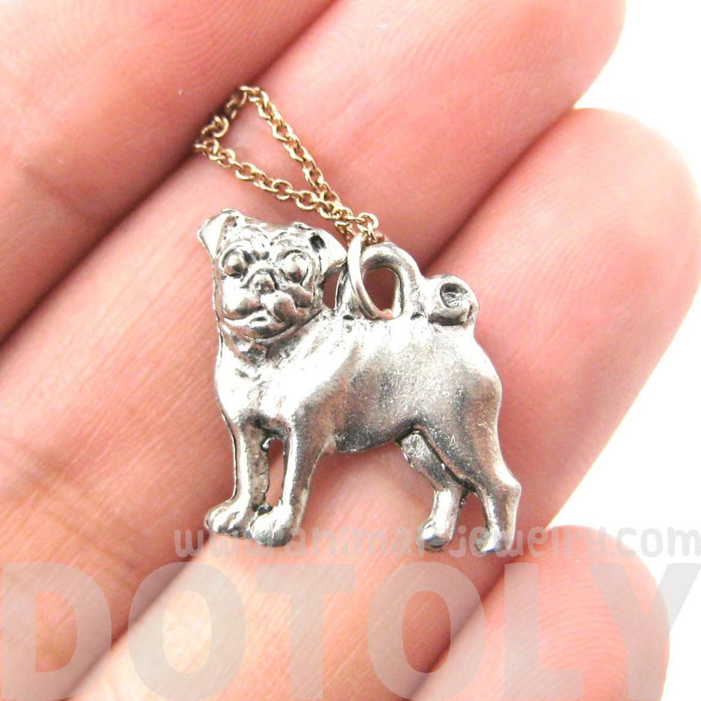 Realistic and Detailed Pug Puppy Dog Shaped Charm Necklace in Silver | MADE IN USA | DOTOLY