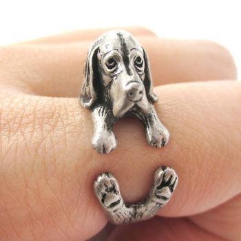Realistic Basset Hound Shaped Animal Wrap Ring in Silver | Sizes 4 to 8.5 | DOTOLY