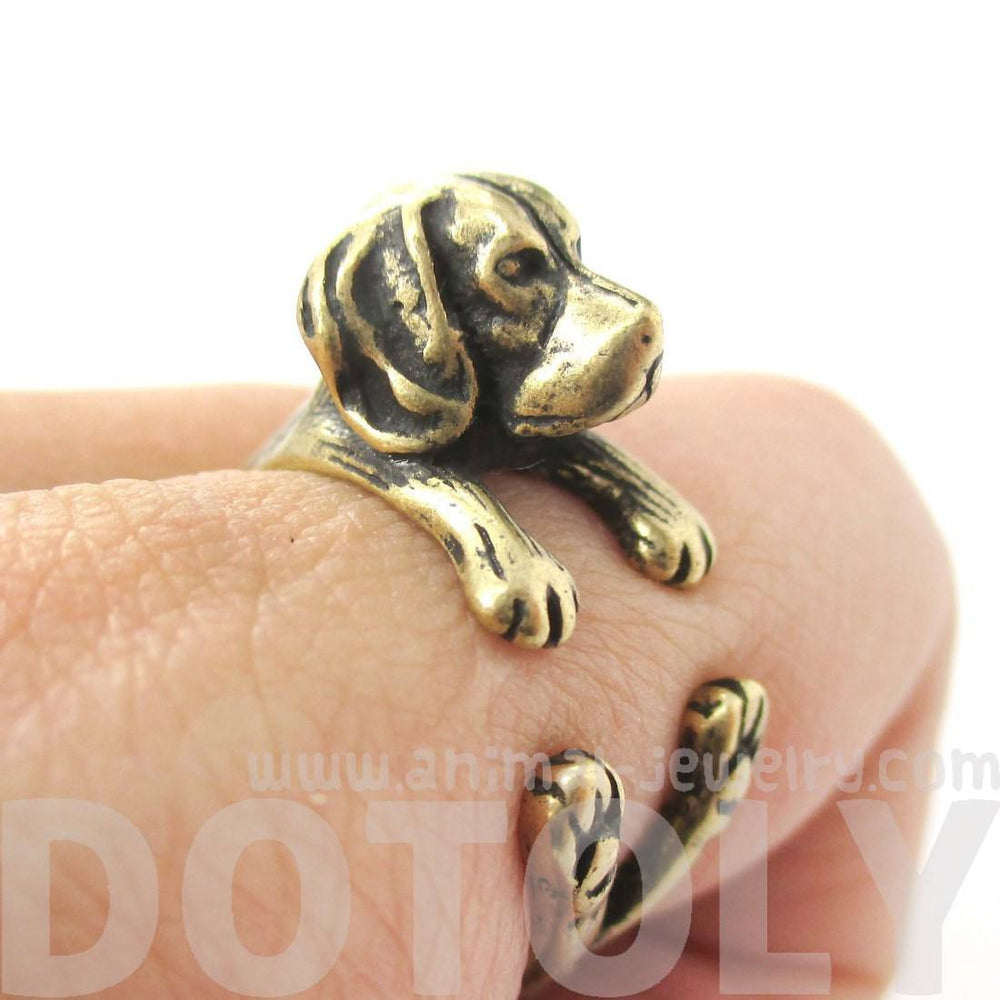 Realistic Beagle Puppy Shaped Animal Wrap Ring in Brass | Sizes 4 to 8.5 | DOTOLY