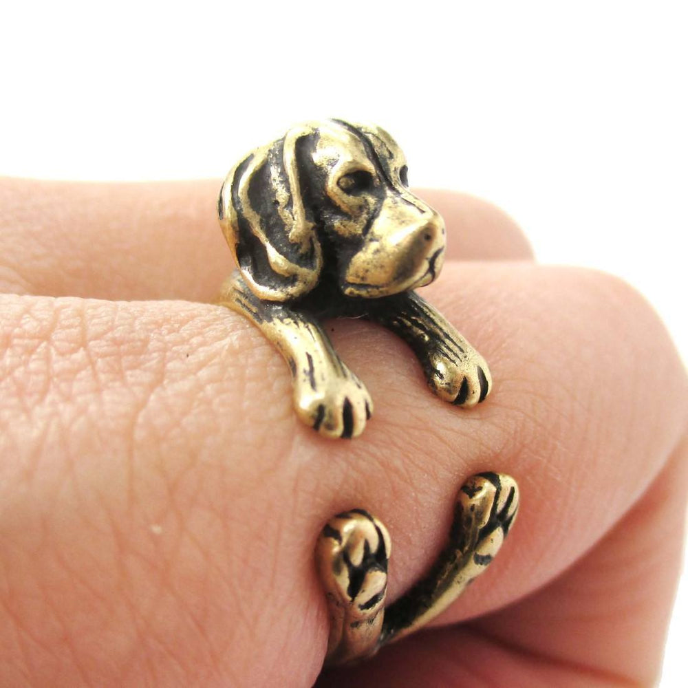 Realistic Beagle Puppy Shaped Animal Wrap Ring in Brass | Sizes 4 to 8.5 | DOTOLY