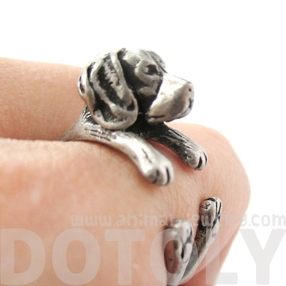 Realistic Beagle Puppy Shaped Animal Wrap Ring in Silver | Sizes 4 to 8.5 | DOTOLY