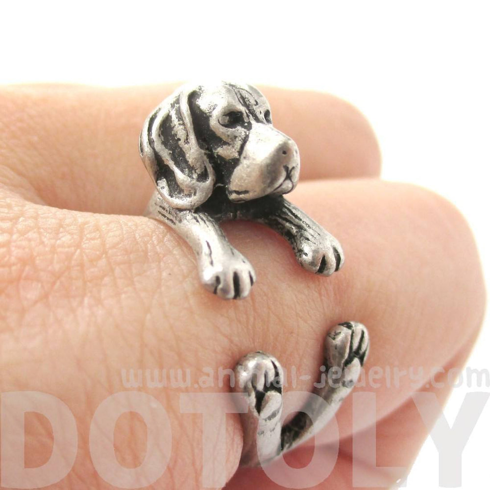 Realistic Beagle Puppy Shaped Animal Wrap Ring in Silver | Sizes 4 to 8.5 | DOTOLY