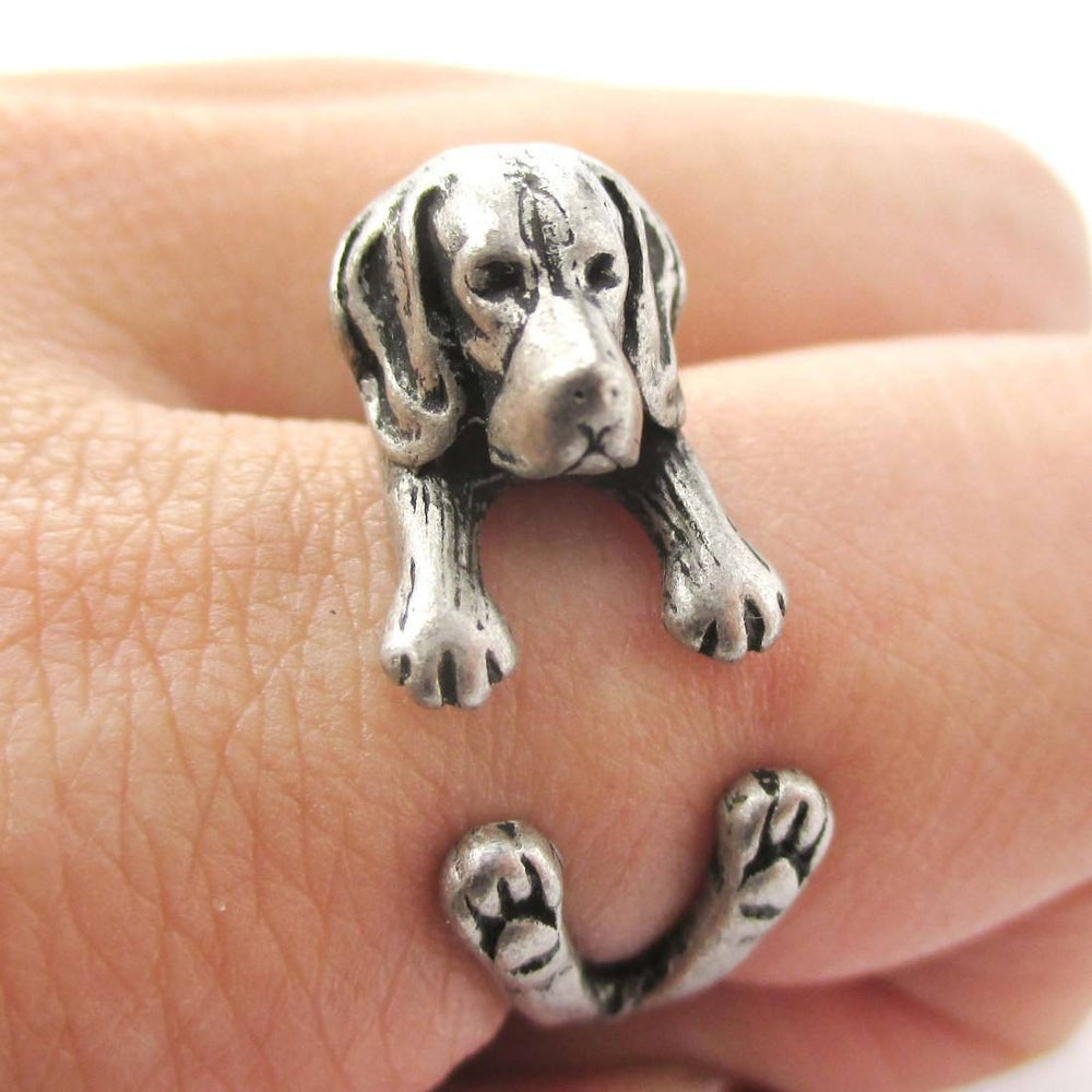 Realistic Beagle Puppy Shaped Animal Wrap Ring in Silver | Sizes 4 to 8.5 | DOTOLY