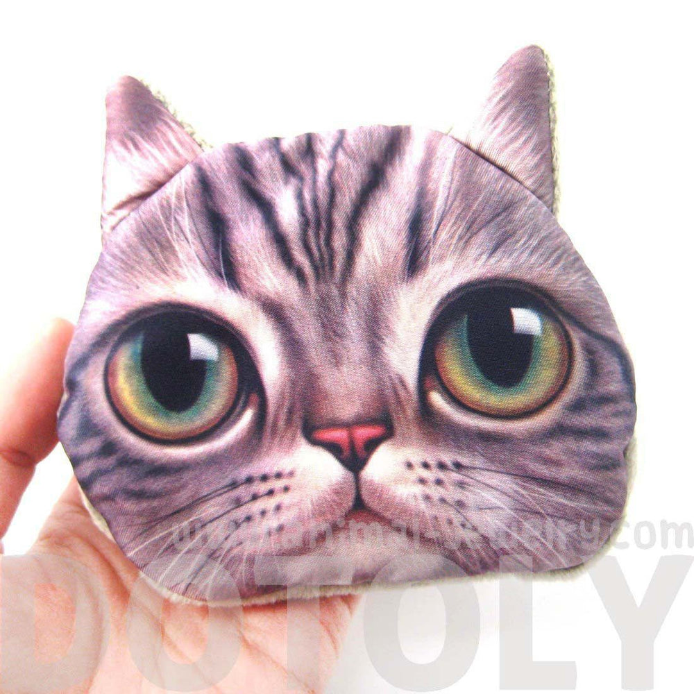 Realistic Big Eyed Kitty Cat Tabby Face Shaped Soft Fabric Zipper Coin Purse Make Up Bag | DOTOLY