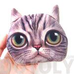 Realistic Big Eyed Kitty Cat Tabby Face Shaped Soft Fabric Zipper Coin Purse Make Up Bag | DOTOLY