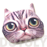Realistic Big Eyed Kitty Cat Tabby Face Shaped Soft Fabric Zipper Coin Purse Make Up Bag | DOTOLY