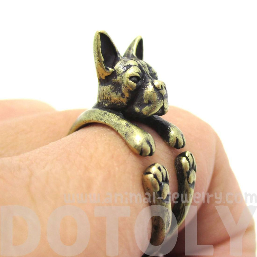 Realistic Boston Terrier Dog Shaped Animal Wrap Ring in Brass | US Sizes 5 to 9 | DOTOLY