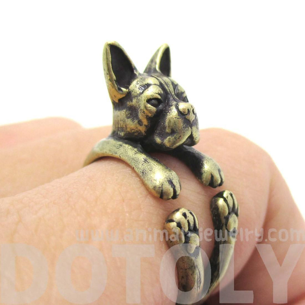Realistic Boston Terrier Dog Shaped Animal Wrap Ring in Brass | US Sizes 5 to 9 | DOTOLY