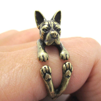 Realistic Boston Terrier Dog Shaped Animal Wrap Ring in Brass | US Sizes 5 to 9 | DOTOLY