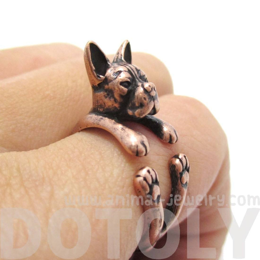 Realistic Boston Terrier Dog Shaped Animal Wrap Ring in Copper | US Sizes 5 to 9 | DOTOLY