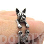 Realistic Boston Terrier Dog Shaped Animal Wrap Ring in Silver | US Sizes 5 to 9 | DOTOLY