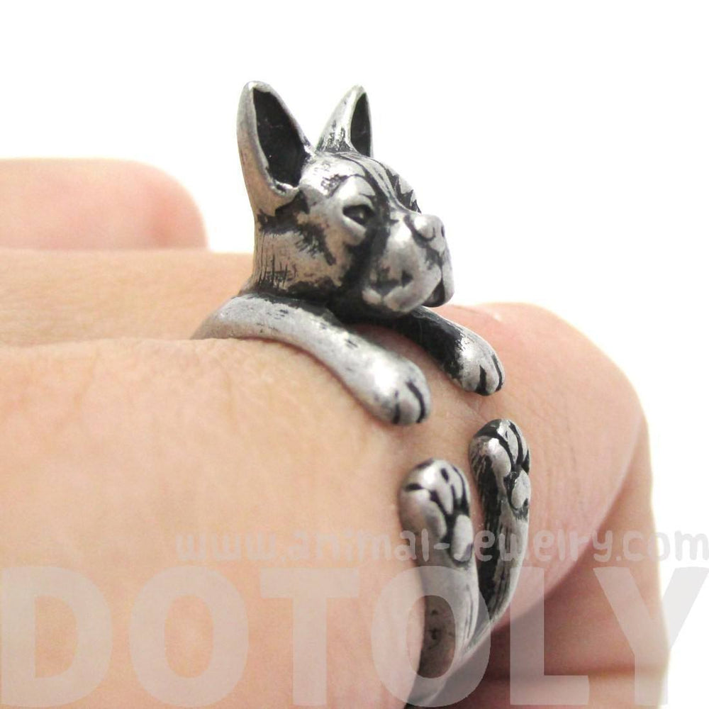 Realistic Boston Terrier Dog Shaped Animal Wrap Ring in Silver | US Sizes 5 to 9 | DOTOLY