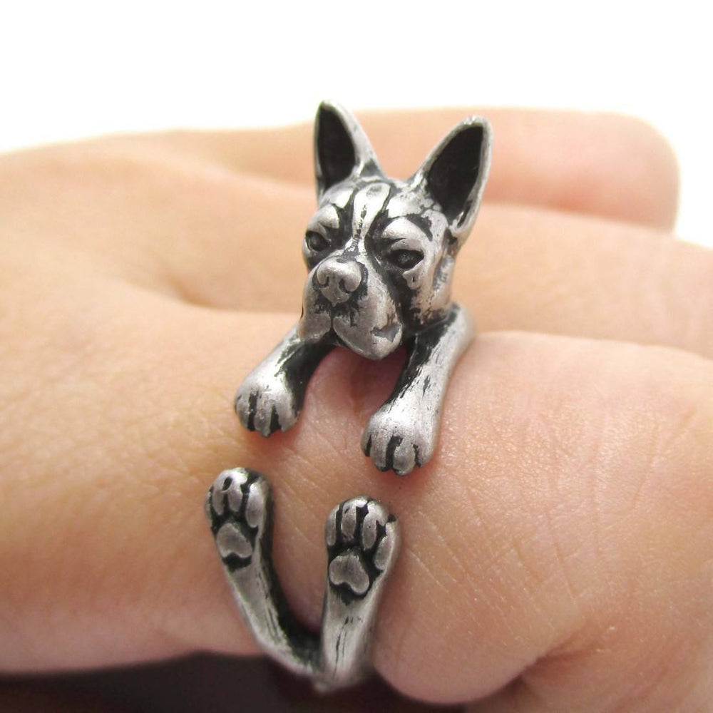 Realistic Boston Terrier Dog Shaped Animal Wrap Ring in Silver | US Sizes 5 to 9 | DOTOLY