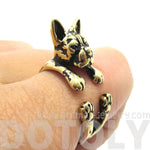 Realistic Boston Terrier Puppy Shaped Animal Wrap Ring in Shiny Gold | US Sizes 5 to 9 | DOTOLY