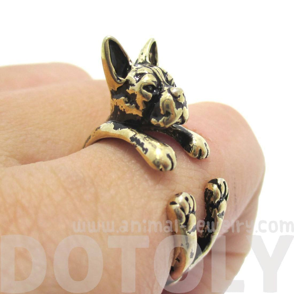 Realistic Boston Terrier Puppy Shaped Animal Wrap Ring in Shiny Gold | US Sizes 5 to 9 | DOTOLY