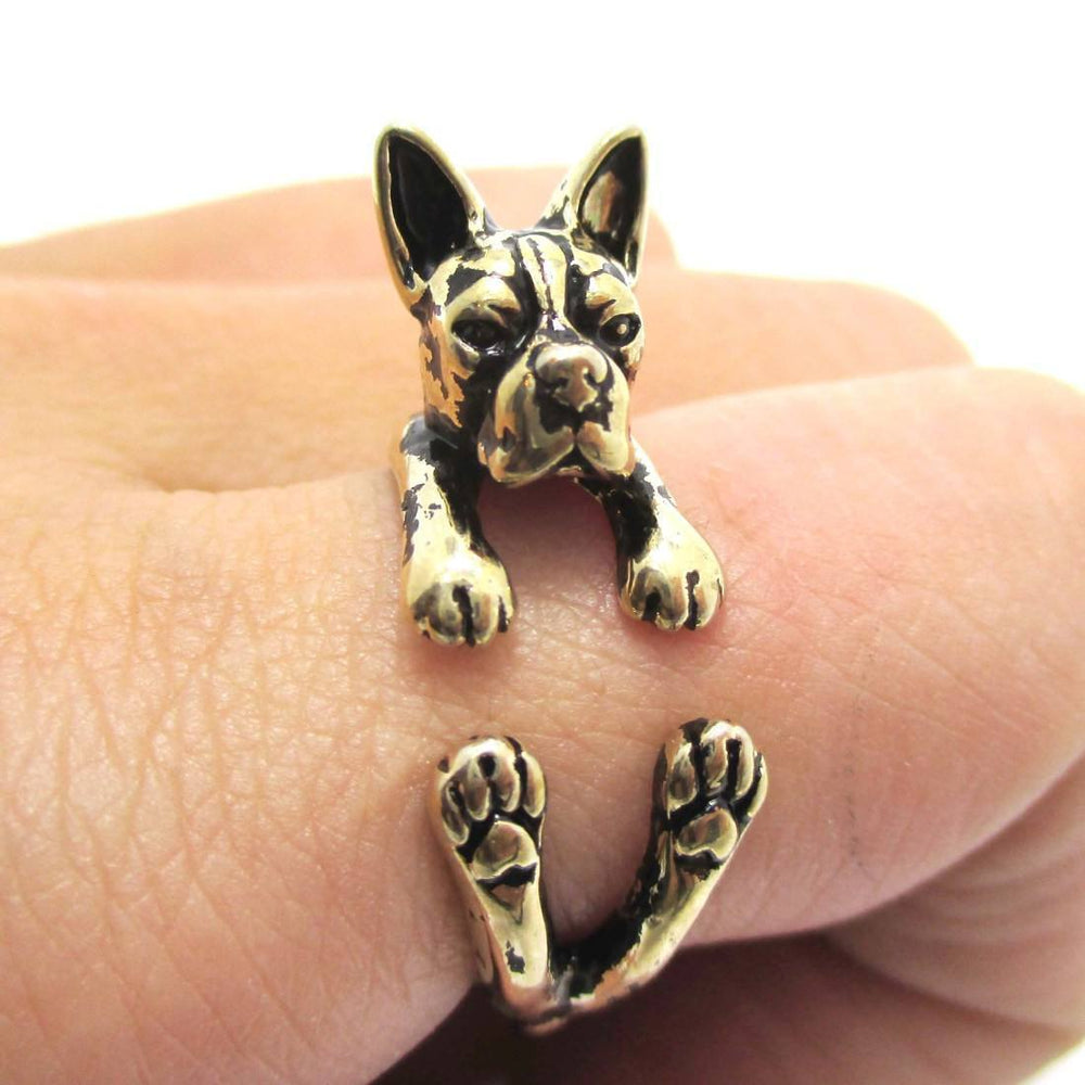 Realistic Boston Terrier Puppy Shaped Animal Wrap Ring in Shiny Gold | US Sizes 5 to 9 | DOTOLY