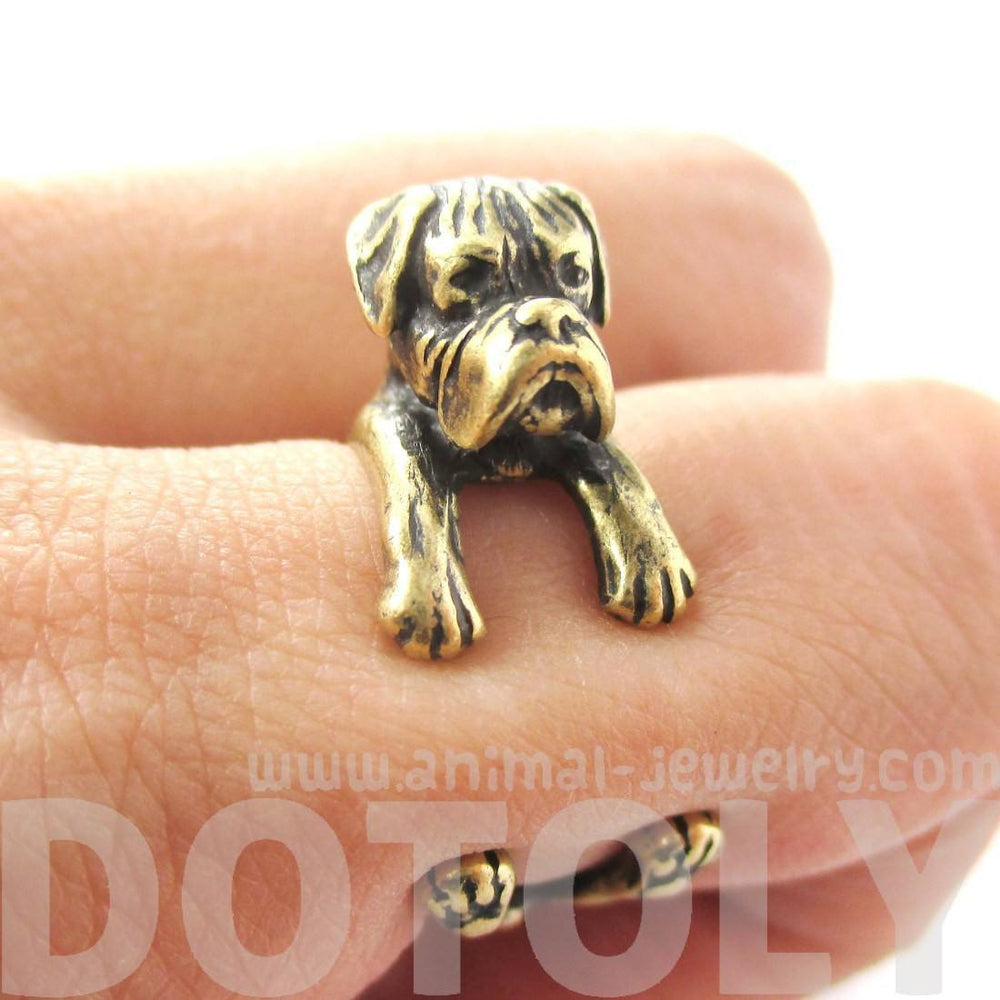 Realistic Boxer Dog Shaped Animal Wrap Ring in Brass | Sizes 4 to 8.5 | DOTOLY