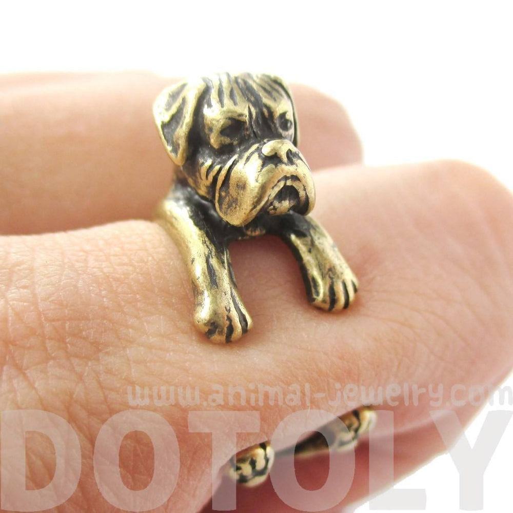 Realistic Boxer Dog Shaped Animal Wrap Ring in Brass | Sizes 4 to 8.5 | DOTOLY