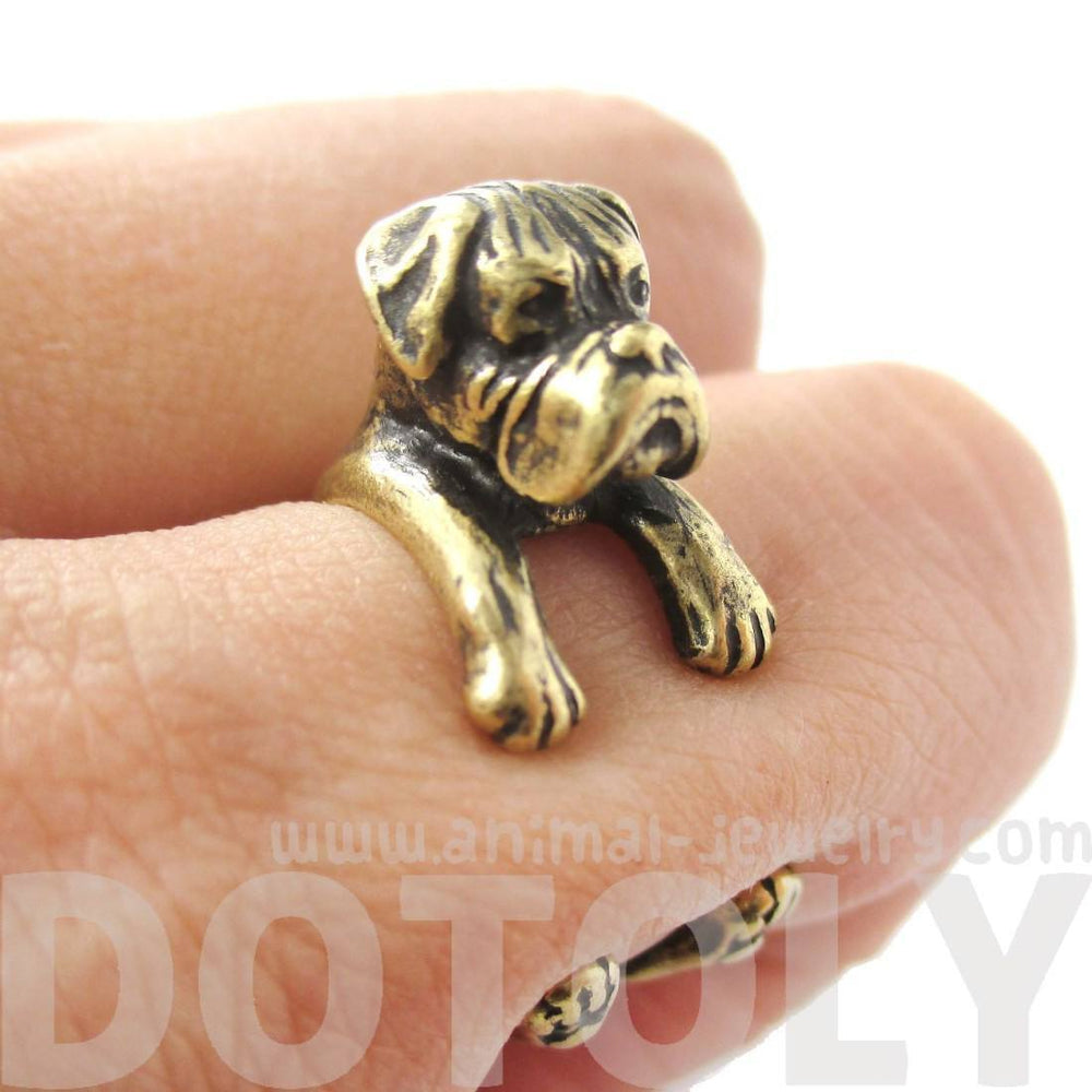 Realistic Boxer Dog Shaped Animal Wrap Ring in Brass | Sizes 4 to 8.5 | DOTOLY