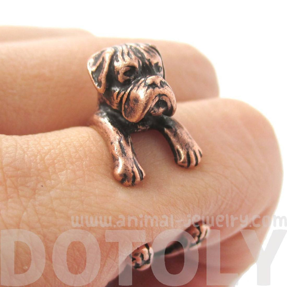 Realistic Boxer Dog Shaped Animal Wrap Ring in Copper | Sizes 4 to 8.5 | DOTOLY