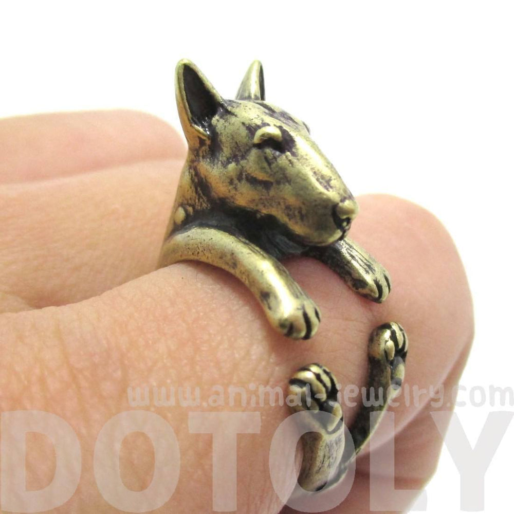 Realistic Bull Terrier Dog Shaped Animal Wrap Ring in Brass | US Sizes 5 to 9 | DOTOLY