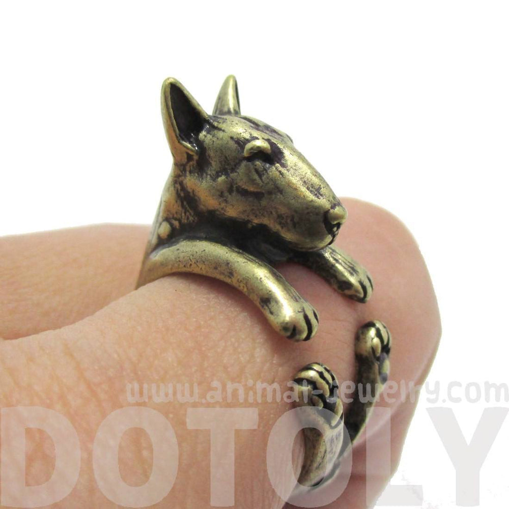 Realistic Bull Terrier Dog Shaped Animal Wrap Ring in Brass | US Sizes 5 to 9 | DOTOLY