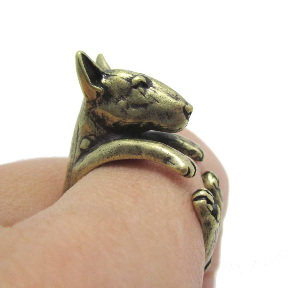 Realistic Bull Terrier Dog Shaped Animal Wrap Ring in Brass | US Sizes 5 to 9 | DOTOLY