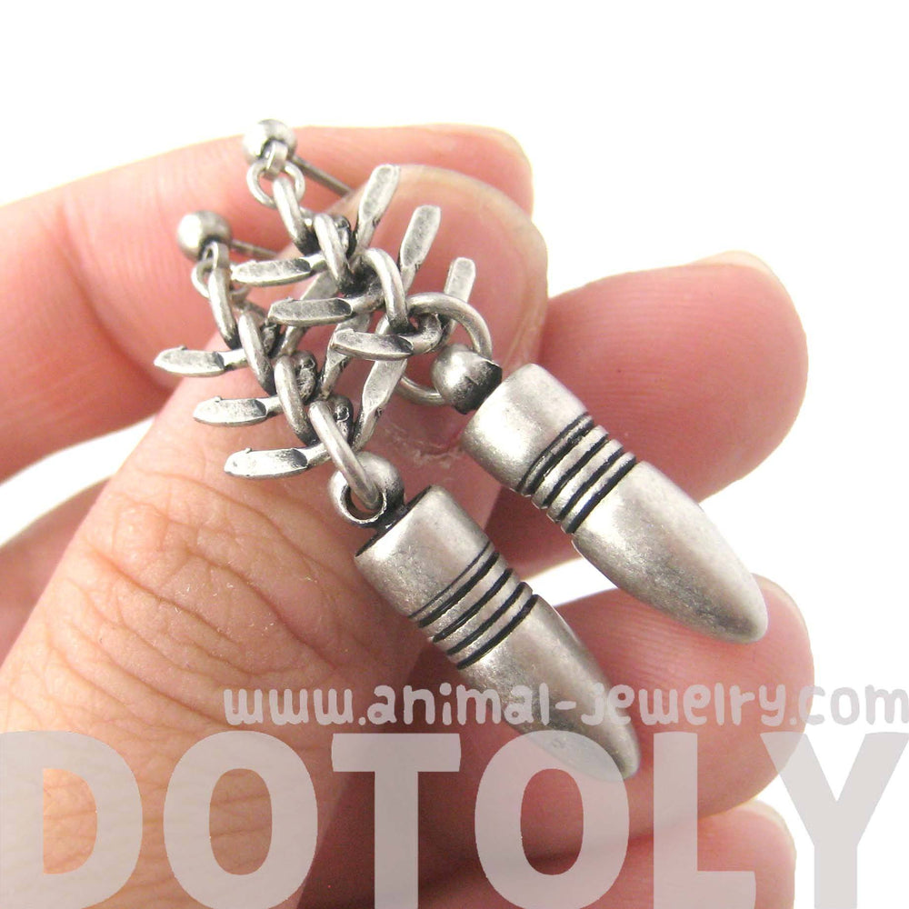 Realistic Bullet Bomb Ammo Shaped Dangle Drop Stud Earrings in Silver | DOTOLY