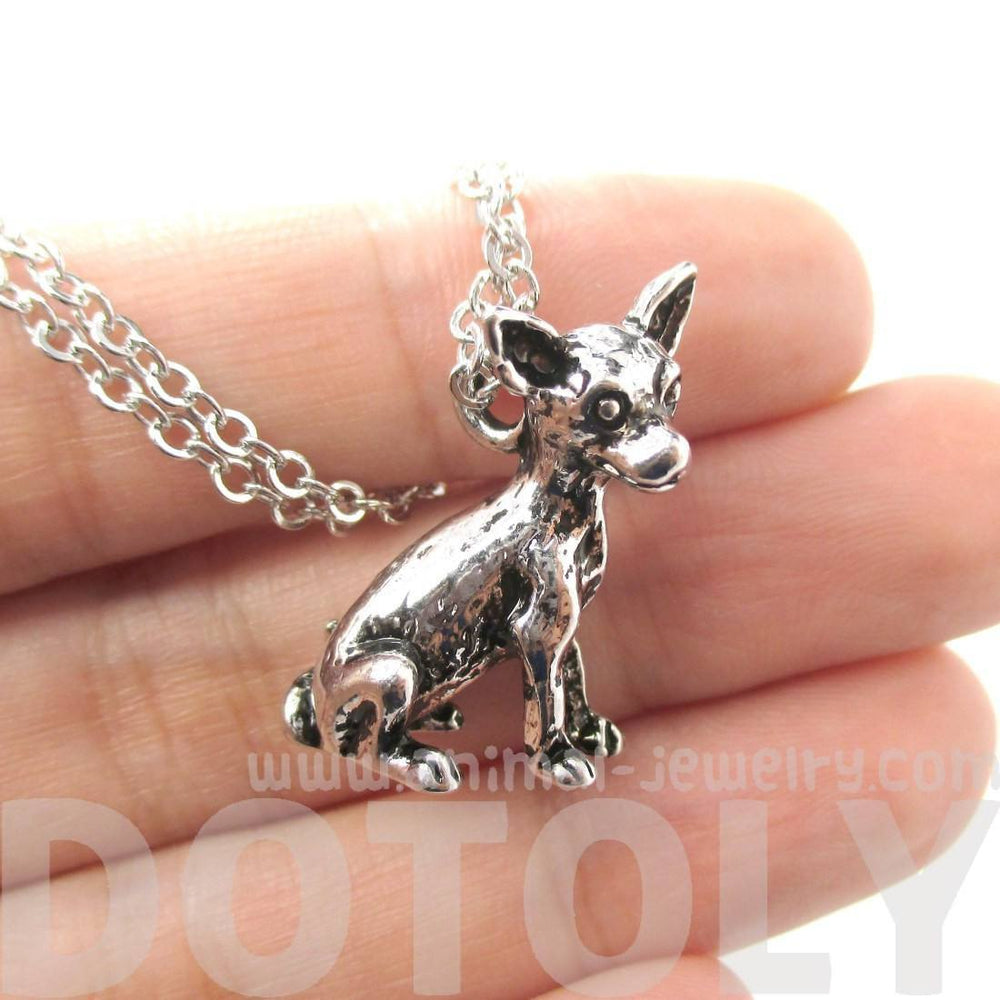 Realistic Chihuahua Puppy Dog Shaped Animal Pendant Necklace in Shiny Silver | DOTOLY