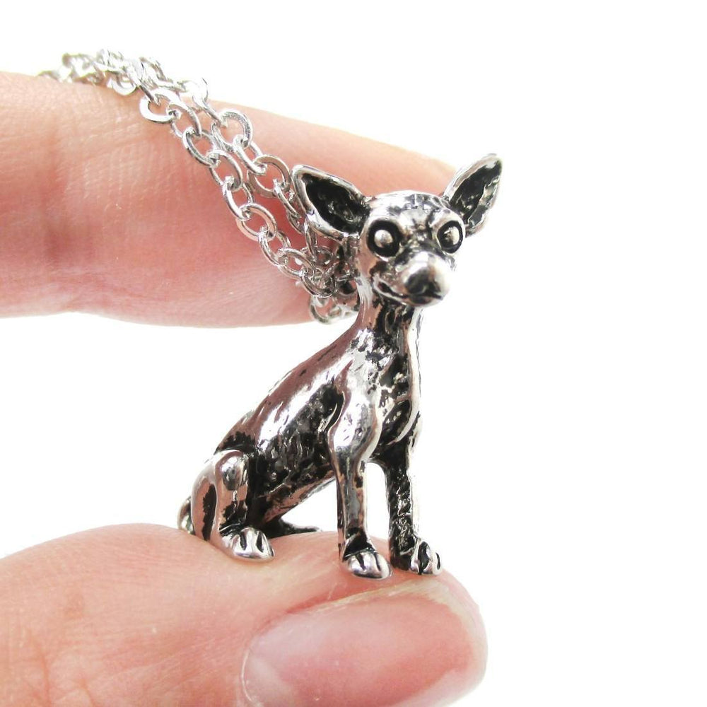 Realistic Chihuahua Puppy Dog Shaped Animal Pendant Necklace in Shiny Silver | DOTOLY